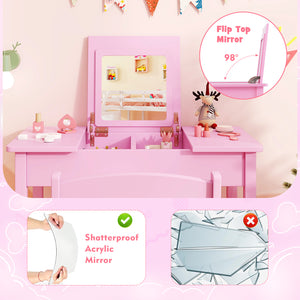 2-in-1 Kids Vanity Makeup Table and Chair Set with Flip Top Mirror-Pink
