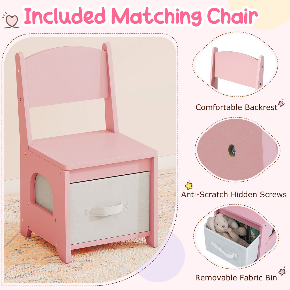 Kids Vanity Set Pretend Play Dressing Table Set with 3-Color Lighting Modes Adjustable Brightness and Mirror Cabinet-Pink