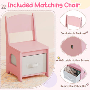 Kids Vanity Set Pretend Play Dressing Table Set with 3-Color Lighting Modes Adjustable Brightness and Mirror Cabinet-Pink