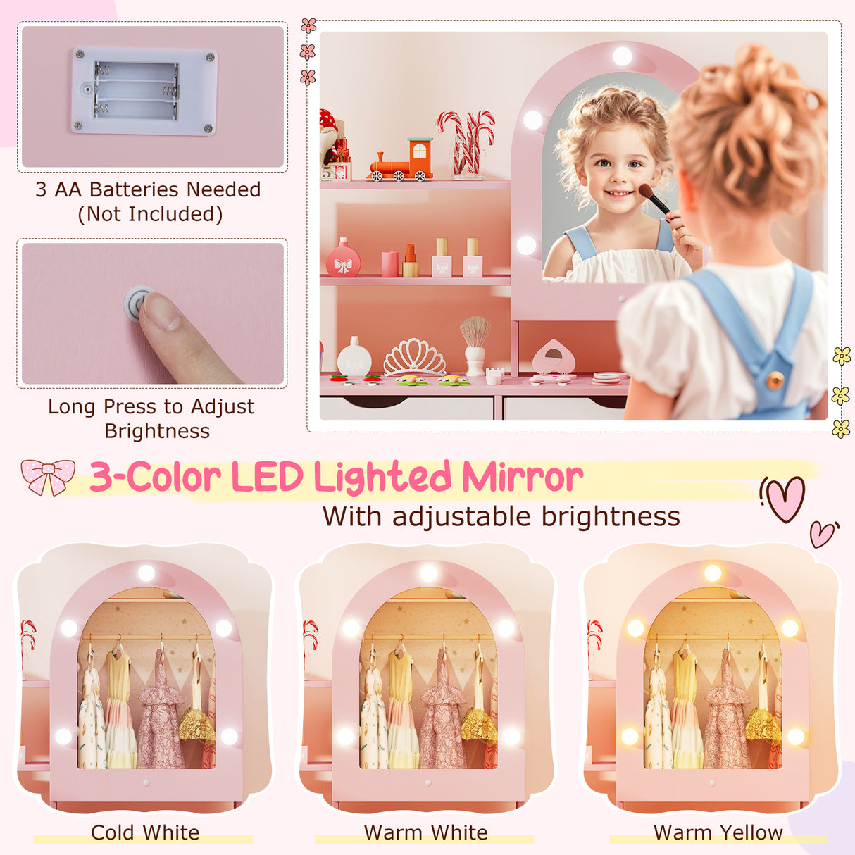 Kids Vanity Set Pretend Play Dressing Table Set with 3-Color Lighting Modes Adjustable Brightness and Mirror Cabinet-Pink