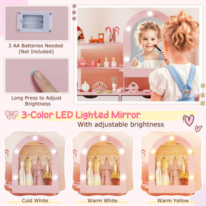 Kids Vanity Set Pretend Play Dressing Table Set with 3-Color Lighting Modes Adjustable Brightness and Mirror Cabinet-Pink