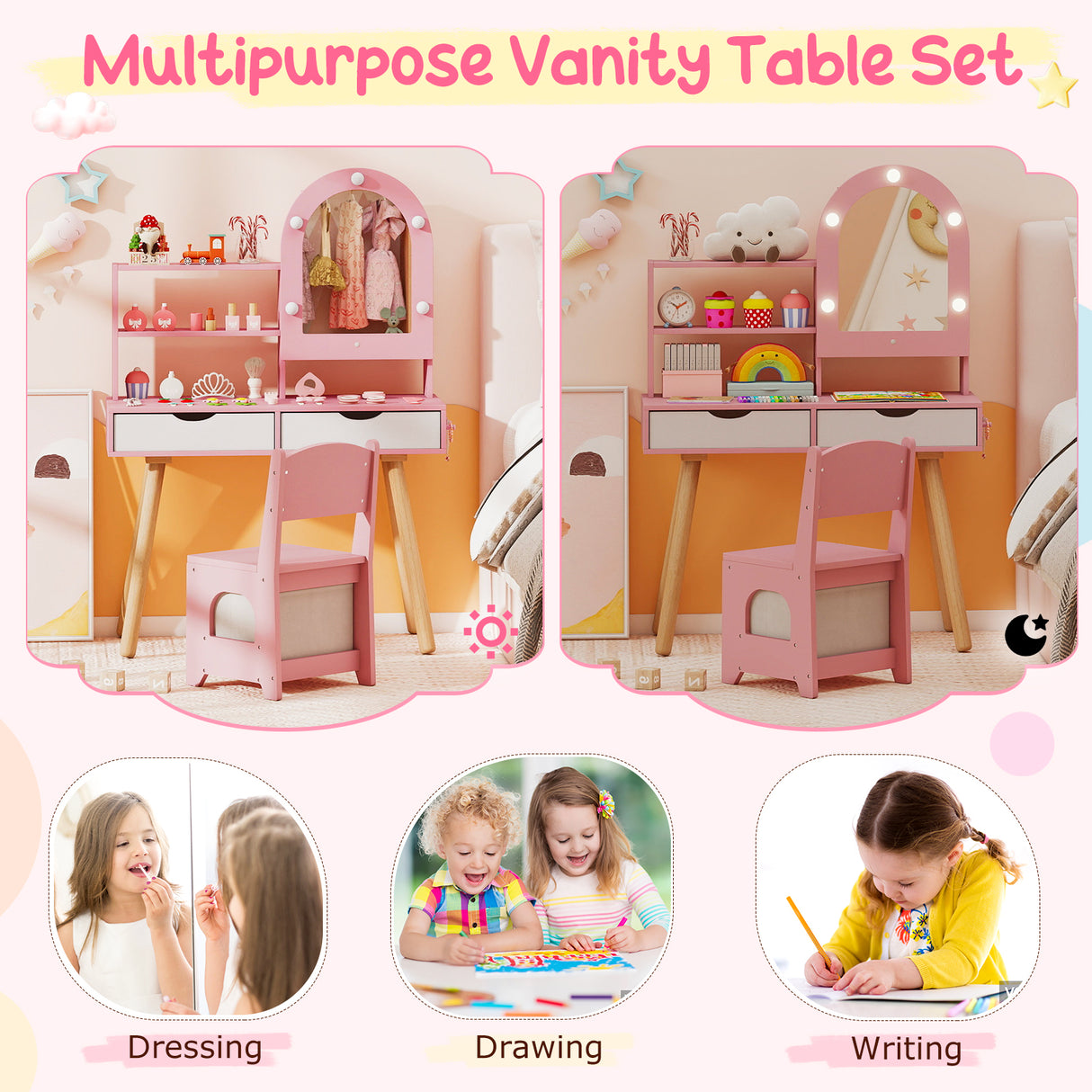 Kids Vanity Set Pretend Play Dressing Table Set with 3-Color Lighting Modes Adjustable Brightness and Mirror Cabinet-Pink