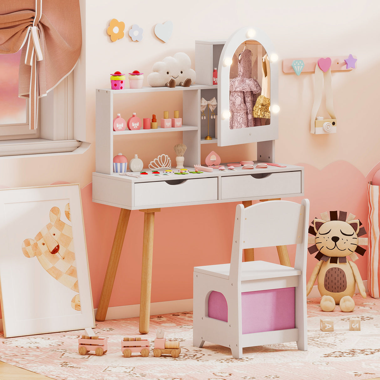 Kids Vanity Set Pretend Play Dressing Table Set with 3-Color Lighting Modes Adjustable Brightness and Mirror Cabinet-White