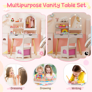 Kids Vanity Set Pretend Play Dressing Table Set with 3-Color Lighting Modes Adjustable Brightness and Mirror Cabinet-White