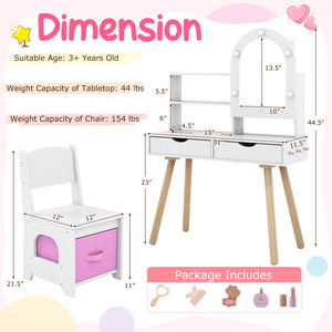 Kids Vanity Set Pretend Play Dressing Table Set with 3-Color Lighting Modes Adjustable Brightness and Mirror Cabinet-White