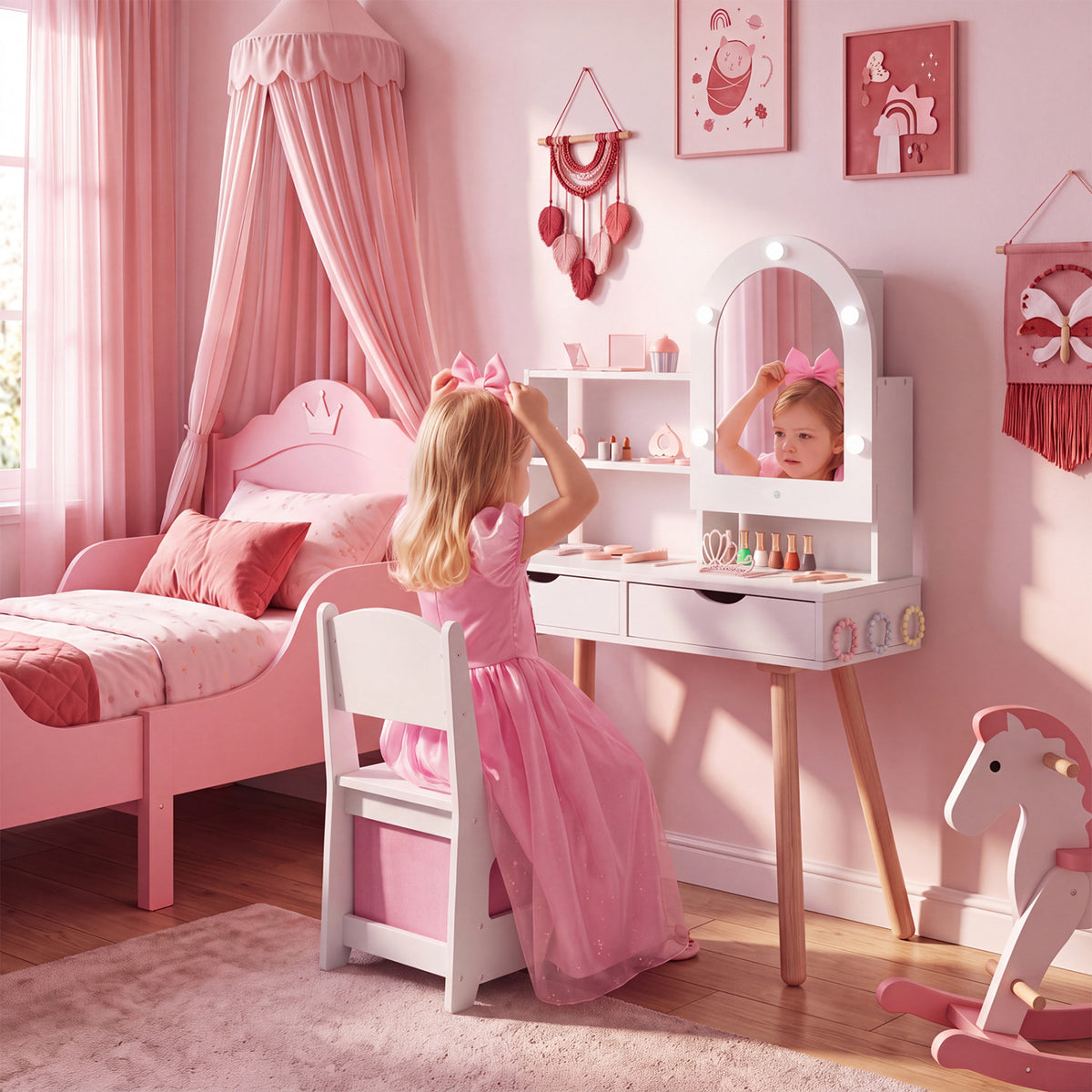 Kids Vanity Set Pretend Play Dressing Table Set with 3-Color Lighting Modes and Mirror Cabinet-White