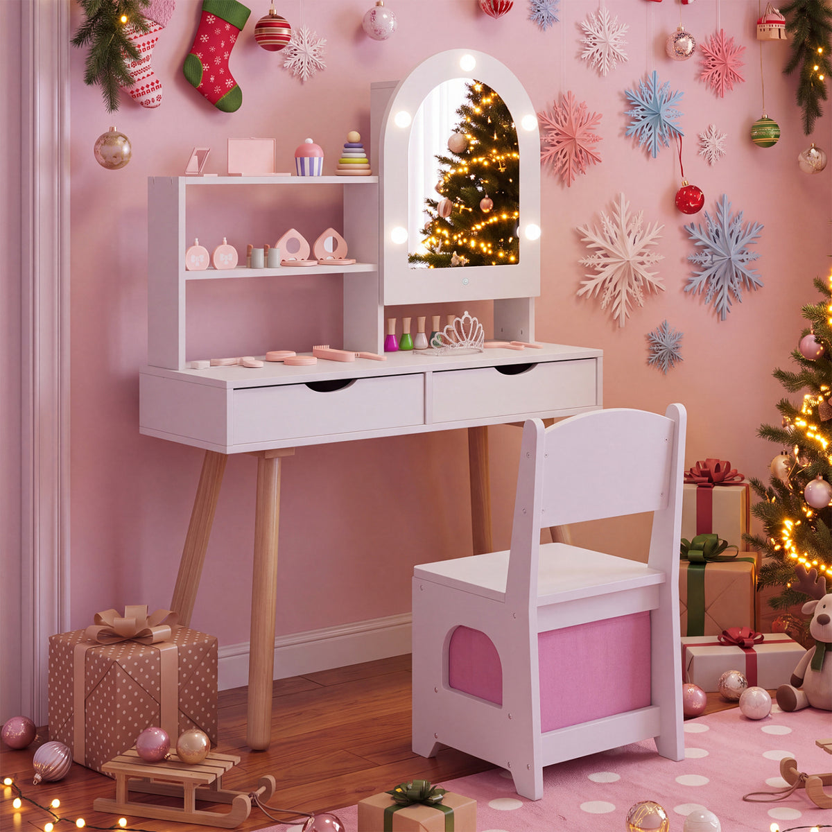 Kids Vanity Set Pretend Play Dressing Table Set with 3-Color Lighting Modes and Mirror Cabinet-White