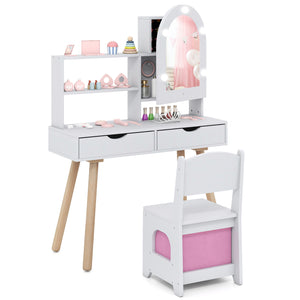 Kids Vanity Set Pretend Play Dressing Table Set with 3-Color Lighting Modes and Mirror Cabinet-White