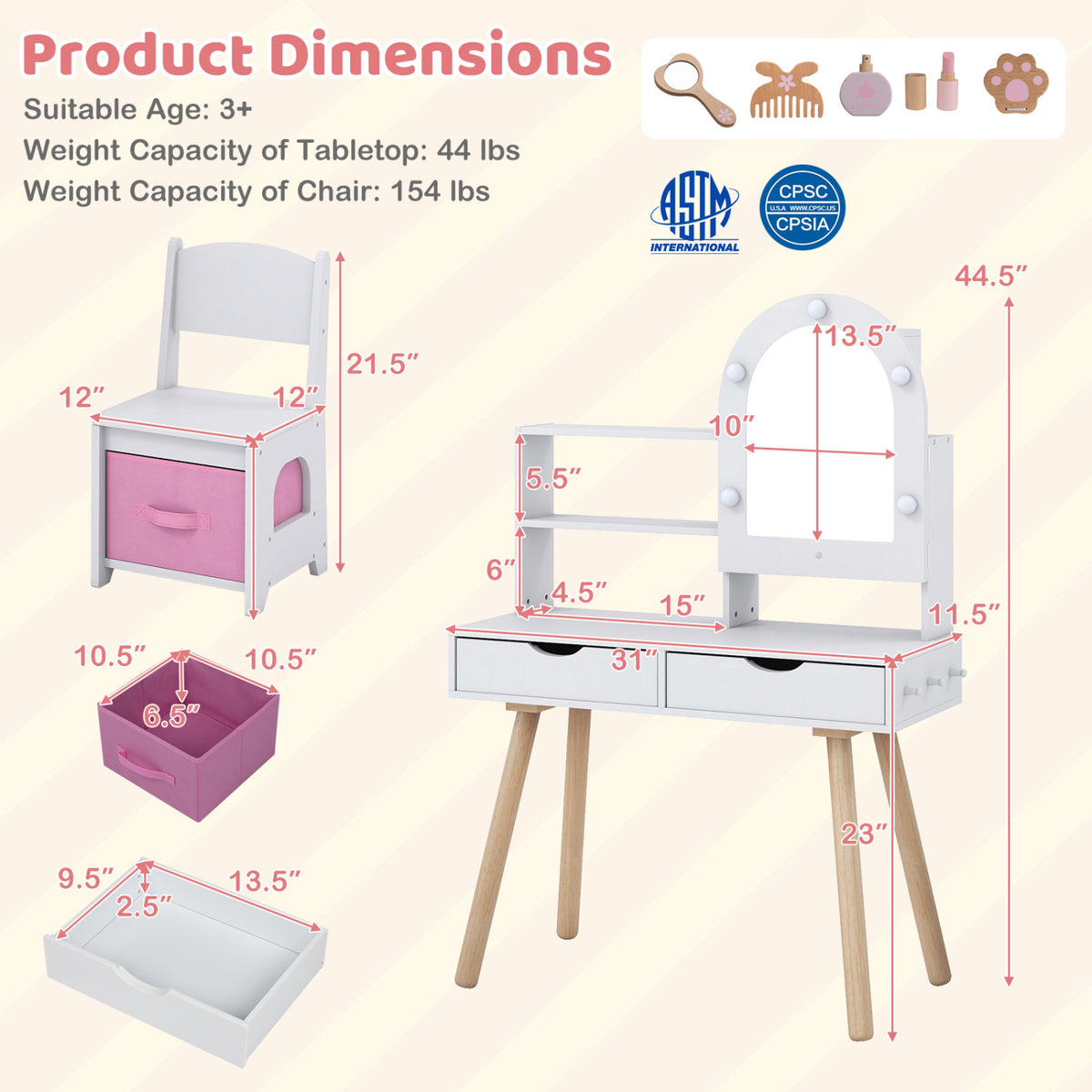 Kids Vanity Set Pretend Play Dressing Table Set with 3-Color Lighting Modes and Mirror Cabinet-White