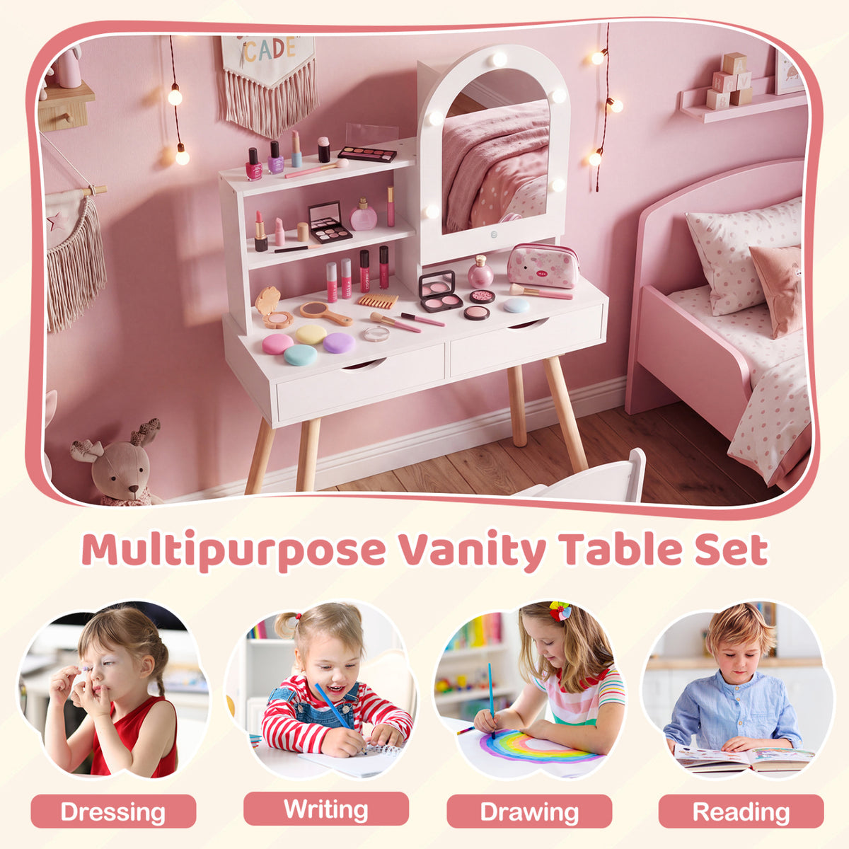 Kids Vanity Set Pretend Play Dressing Table Set with 3-Color Lighting Modes and Mirror Cabinet-White