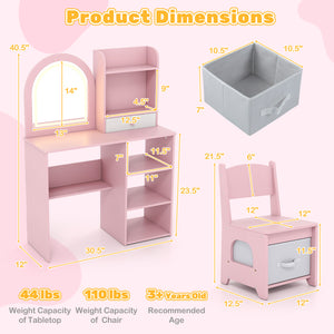 Kids Vanity Set Princess Girls Makeup Vanity Desk with Chair and 3-Color LED Lighted Mirror-Pink