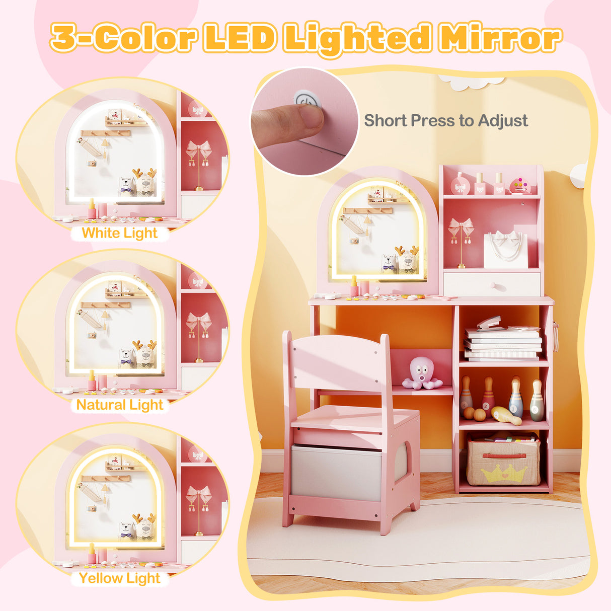 Kids Vanity Set Princess Girls Makeup Vanity Desk with Chair and 3-Color LED Lighted Mirror-Pink