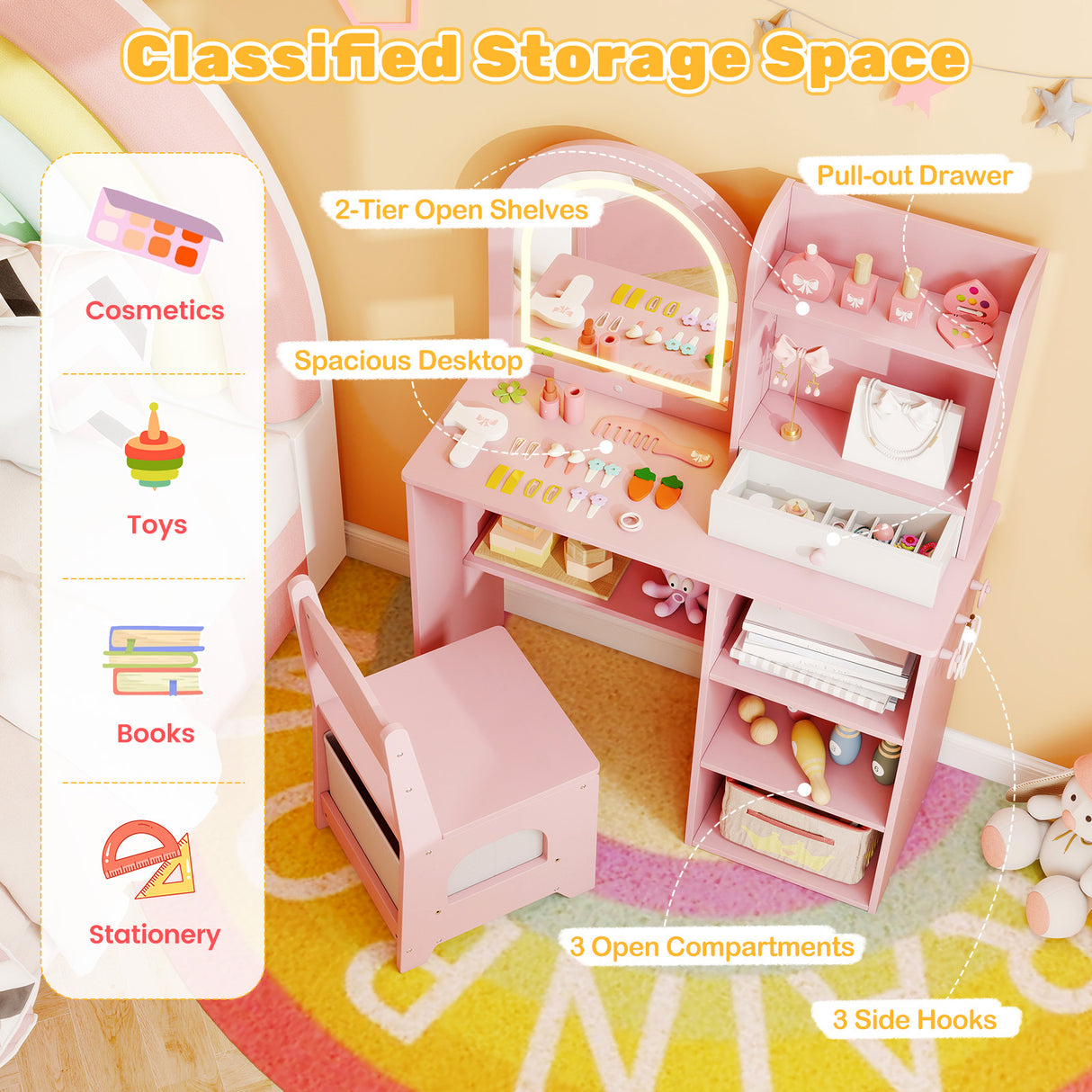 Kids Vanity Set Princess Girls Makeup Vanity Desk with Chair and 3-Color LED Lighted Mirror-Pink