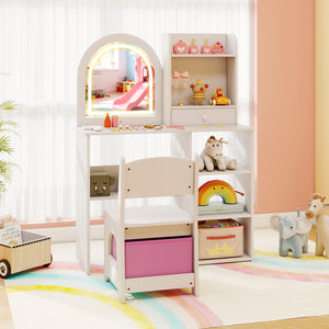 Kids Vanity Set Princess Girls Makeup Vanity Desk with Chair and 3-Color LED Lighted Mirror-White