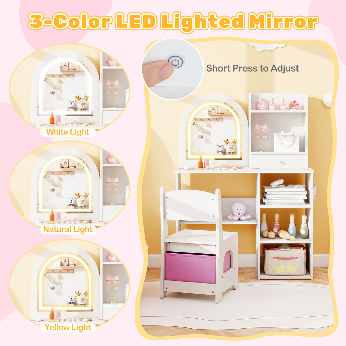 Kids Vanity Set Princess Girls Makeup Vanity Desk with Chair and 3-Color LED Lighted Mirror-White
