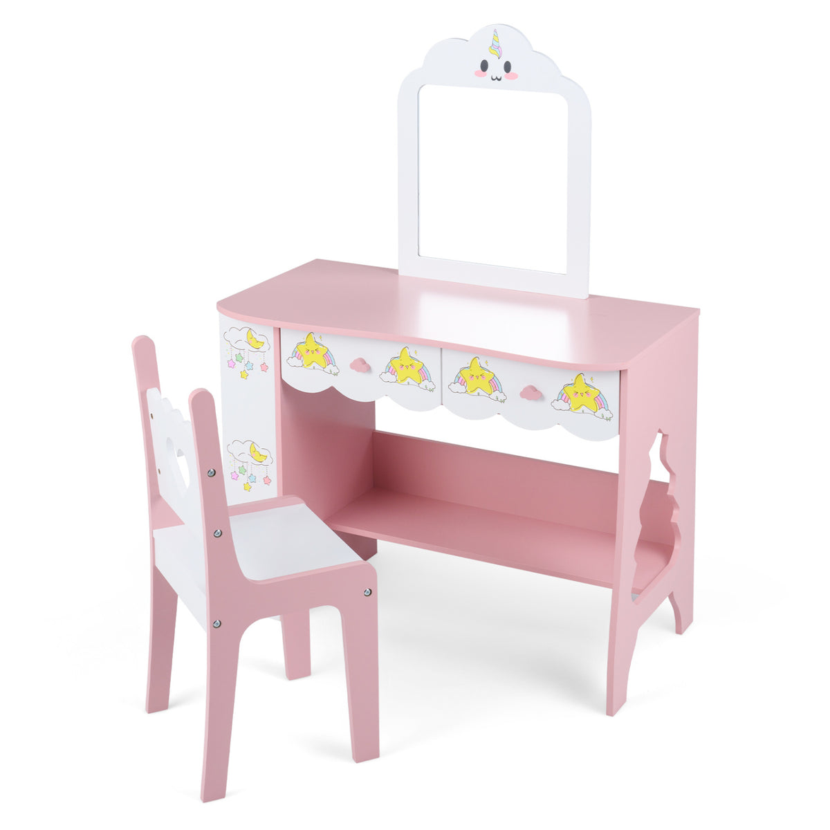 Kids Vanity Set Princess Girls Makeup Table with Mirror and Chair-White