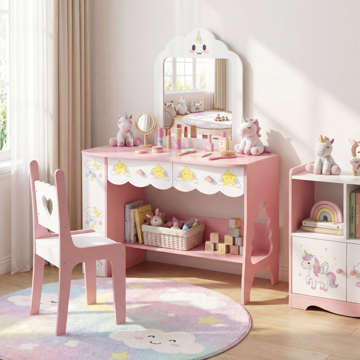 Kids Vanity Set Princess Girls Makeup Table with Mirror and Chair-White