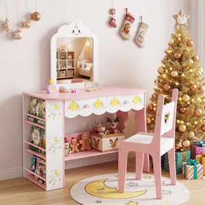 Kids Vanity Set Princess Girls Makeup Table with Mirror and Chair-White