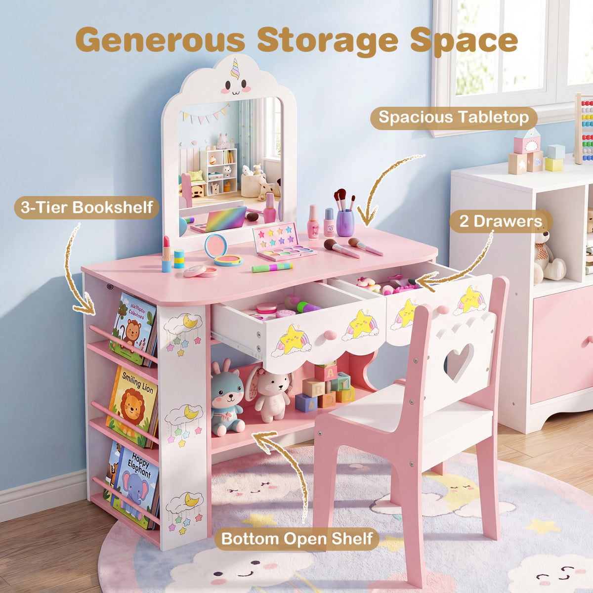 Kids Vanity Set Princess Girls Makeup Table with Mirror and Chair-White