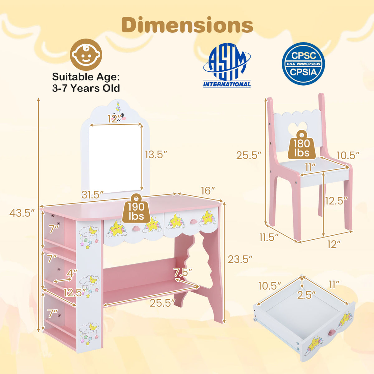 Kids Vanity Set Princess Girls Makeup Table with Mirror and Chair-White