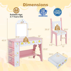 Kids Vanity Set Princess Girls Makeup Table with Mirror and Chair-White