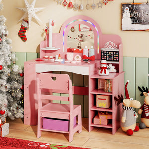 Kids Vanity Set with Colorful LED Lights Princess Makeup Dressing Table with Chair-Pink