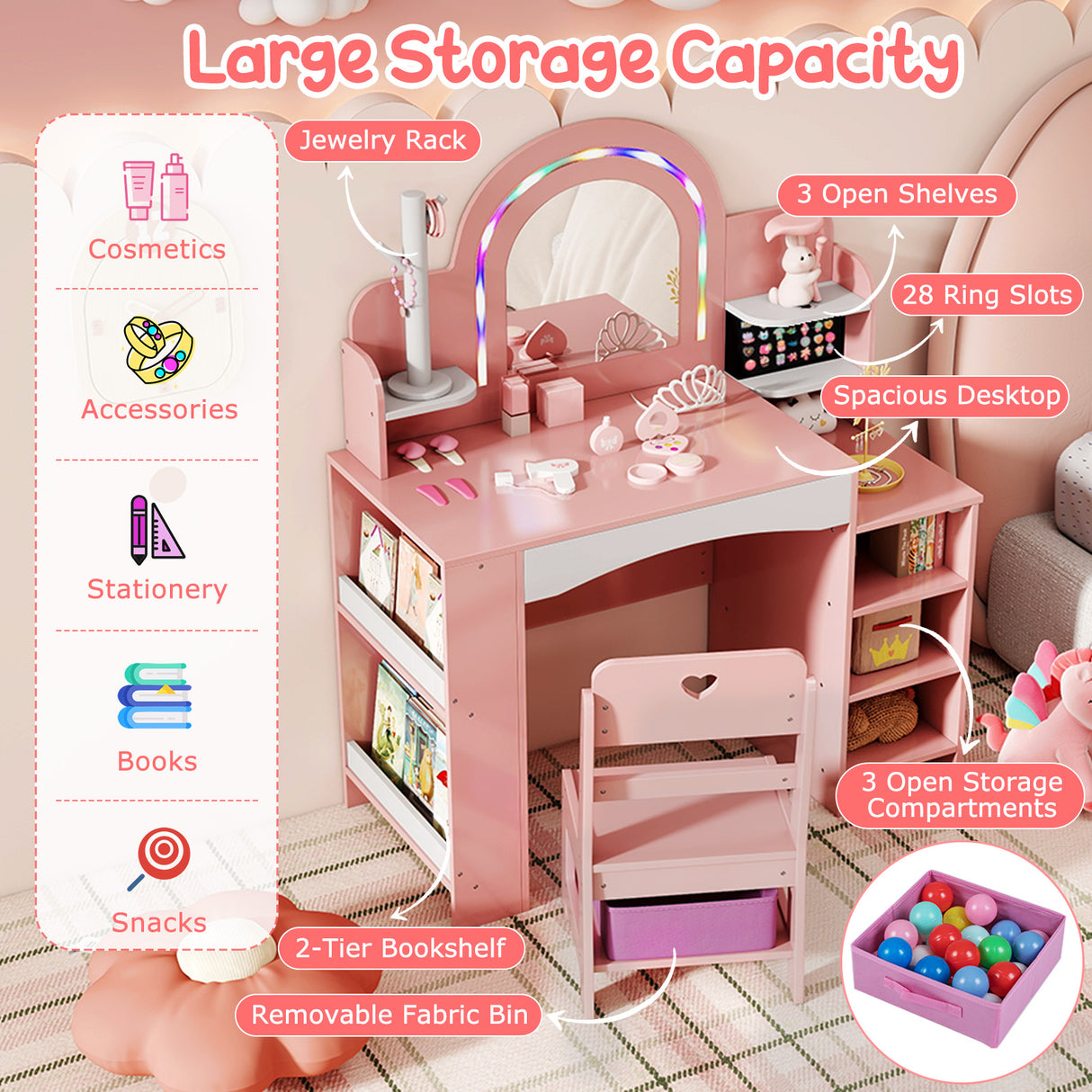 Kids Vanity Set with Colorful LED Lights Princess Makeup Dressing Table with Chair-Pink