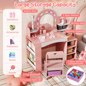 Kids Vanity Set with Colorful LED Lights Princess Makeup Dressing Table with Chair-Pink