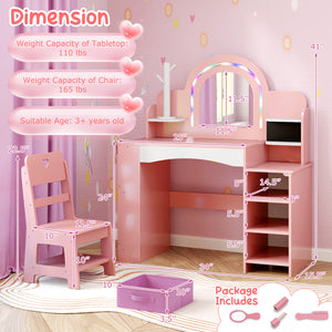 Kids Vanity Set with Colorful LED Lights Princess Makeup Dressing Table with Chair-Pink
