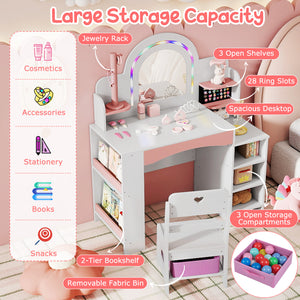 Kids Vanity Set with Colorful LED Lights Princess Makeup Dressing Table with Chair-White