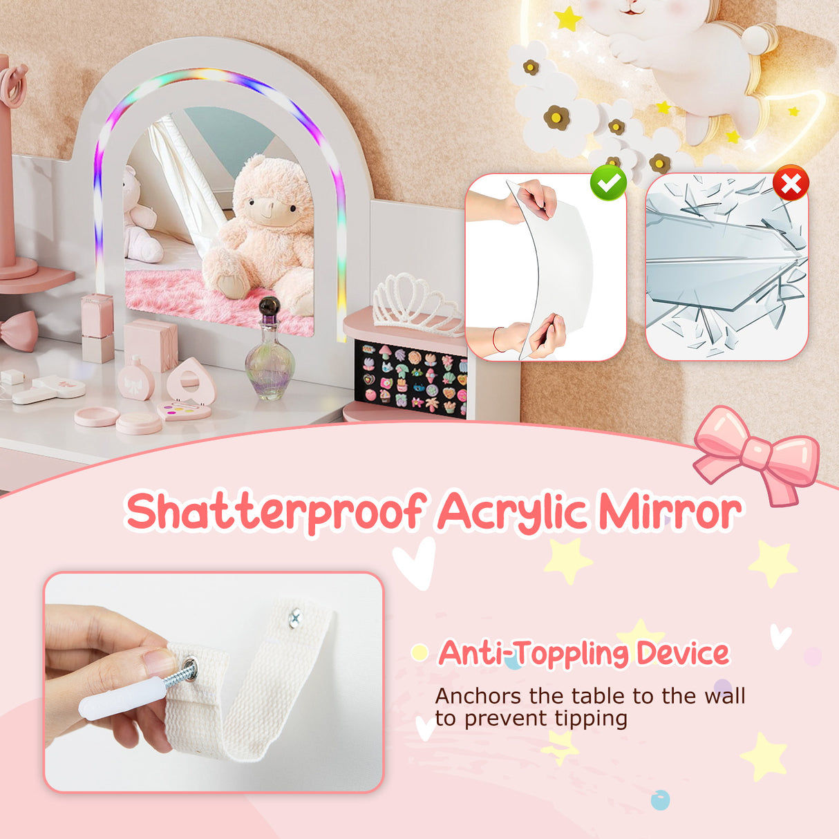 Kids Vanity Set with Colorful LED Lights Princess Makeup Dressing Table with Chair-White