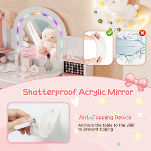 Kids Vanity Set with Colorful LED Lights Princess Makeup Dressing Table with Chair-White