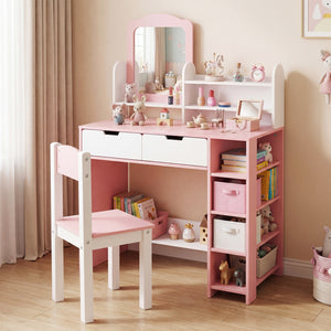 Kids Vanity Set with Chair and Mirror Makeup Dressing Desk with Storage Shelves and Drawers-White & Pink