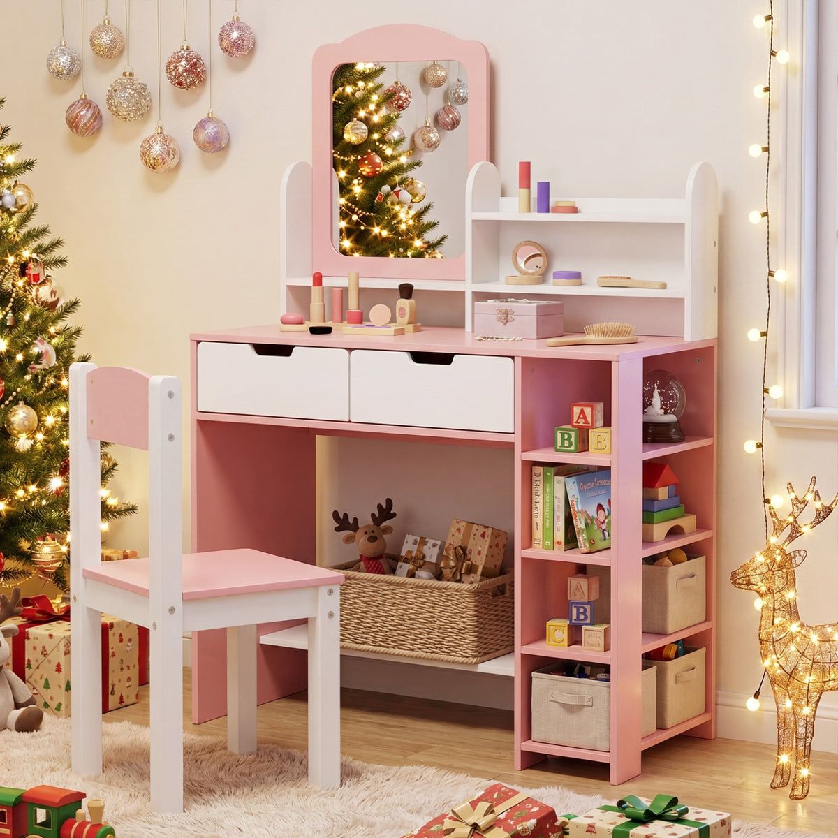 Kids Vanity Set with Chair and Mirror Makeup Dressing Desk with Storage Shelves and Drawers-White & Pink