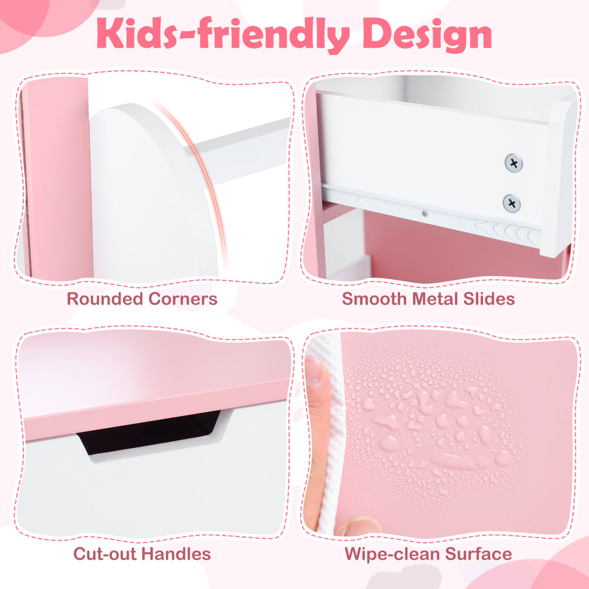 Kids Vanity Set with Chair and Mirror Makeup Dressing Desk with Storage Shelves and Drawers-White & Pink