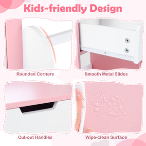 Kids Vanity Set with Chair and Mirror Makeup Dressing Desk with Storage Shelves and Drawers-White & Pink
