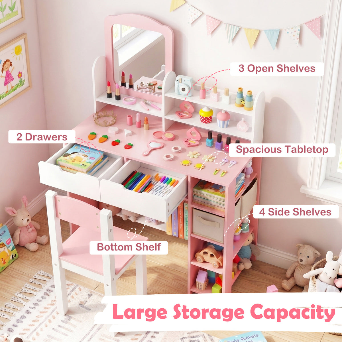 Kids Vanity Set with Chair and Mirror Makeup Dressing Desk with Storage Shelves and Drawers-White & Pink