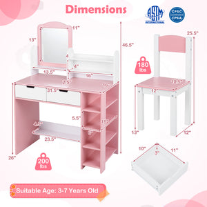 Kids Vanity Set with Chair and Mirror Makeup Dressing Desk with Storage Shelves and Drawers-White & Pink