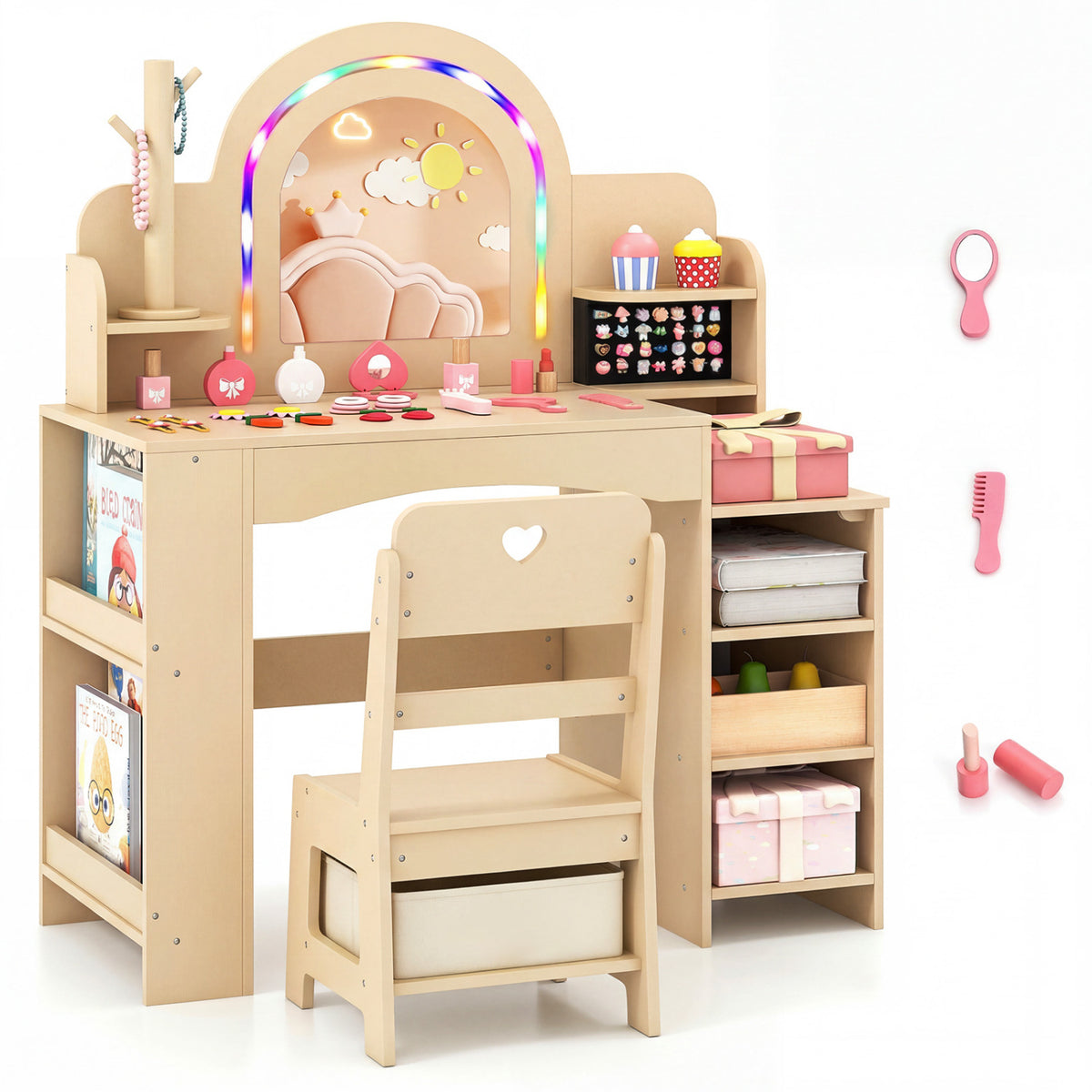 Kids Vanity Set with Colorful LED Lights Princess Makeup Dressing Table with Chair-Natural