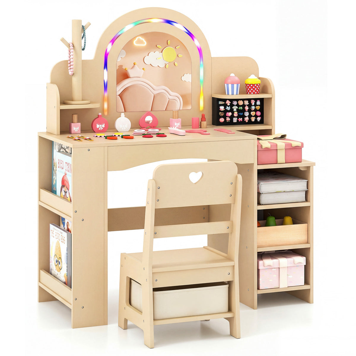 Kids Vanity Set with Colorful LED Lights Princess Makeup Dressing Table with Chair-Natural