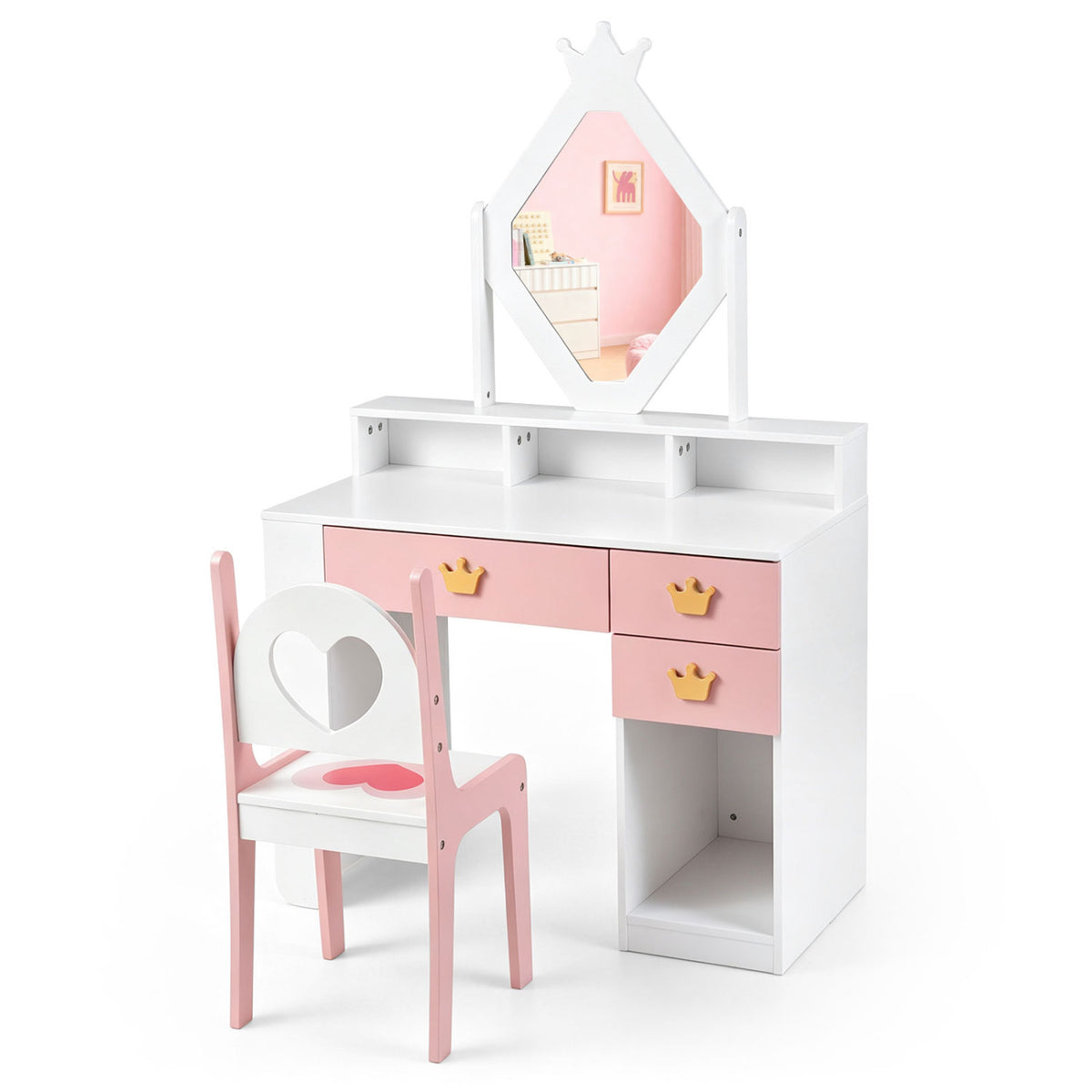Kids Vanity Set with Crown Mirror & Chair for Girls-White