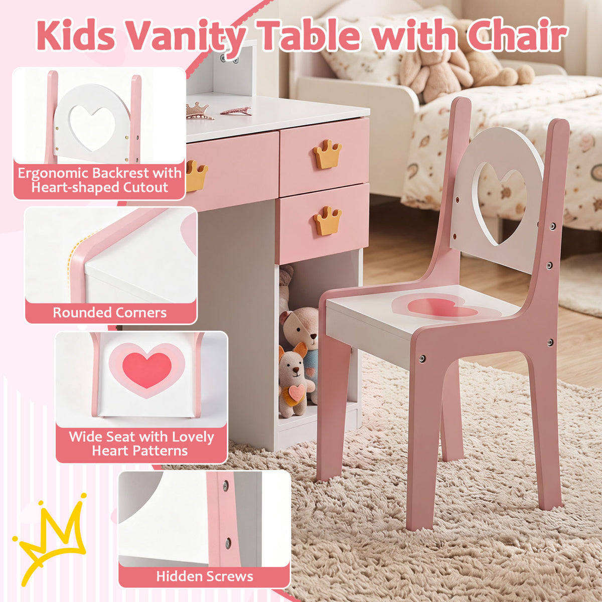 Kids Vanity Set with Crown Mirror & Chair for Girls-White
