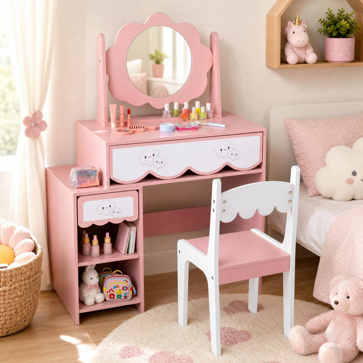 Kids Vanity Set with 360Â° Rotating Mirror & Chair for Girls-Pink