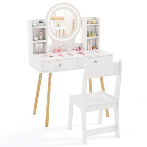 Kids Vanity Set with Lighted Mirror and Storage Drawers-White