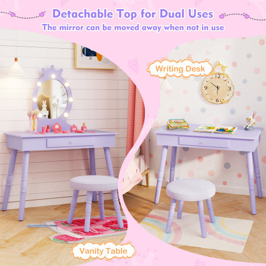 Kids Vanity Set with Lighted Mirror with Adjustable Brightness and Large Drawer-Purple
