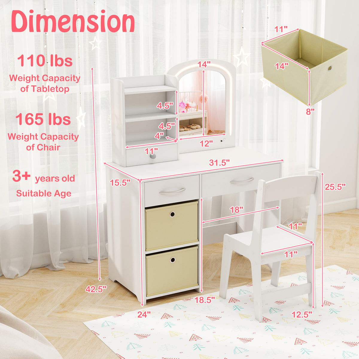 Kids Vanity Set with Lighted Mirror Makeup Desk and Chair Set with Drawers-White