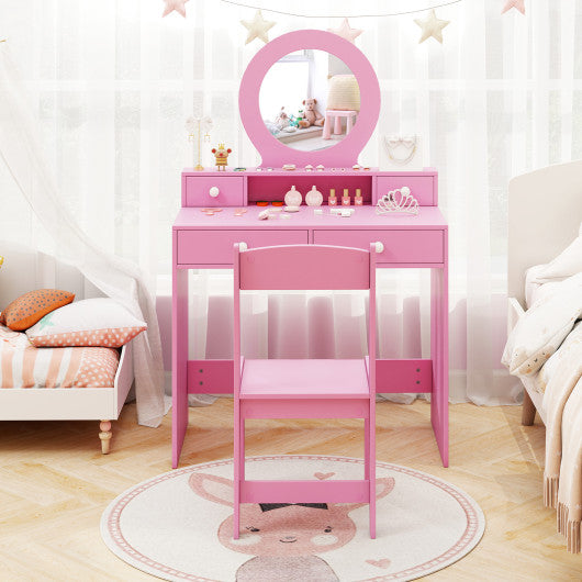 Kids Vanity Set with Mirror Princess Makeup Dressing Desk and Chair Set with Mirror-Pink