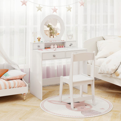 Kids Vanity Set with Mirror Princess Makeup Dressing Desk and Chair Set with Mirror-White