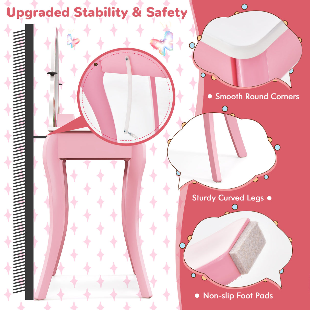Kids Vanity Table and Stool Set with 360 ° Rotating Mirror and Whiteboard-Pink