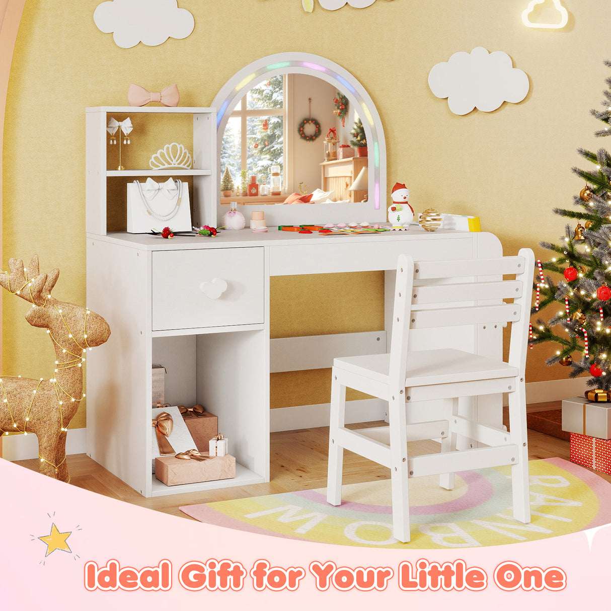 Kids Vanity Table and Chair Set with Lighted Mirror for Kids Aged 3+ Years Old-White